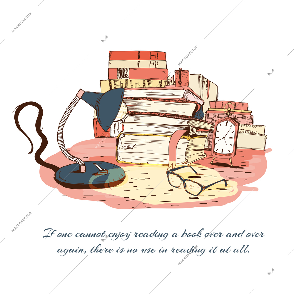 Books reading still life with glasses lamp and clock isolated vector illustration