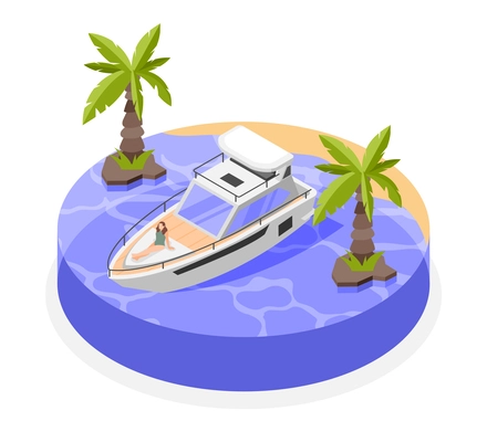 Sailing isometric concept with motor yacht on sea shore vector illustration