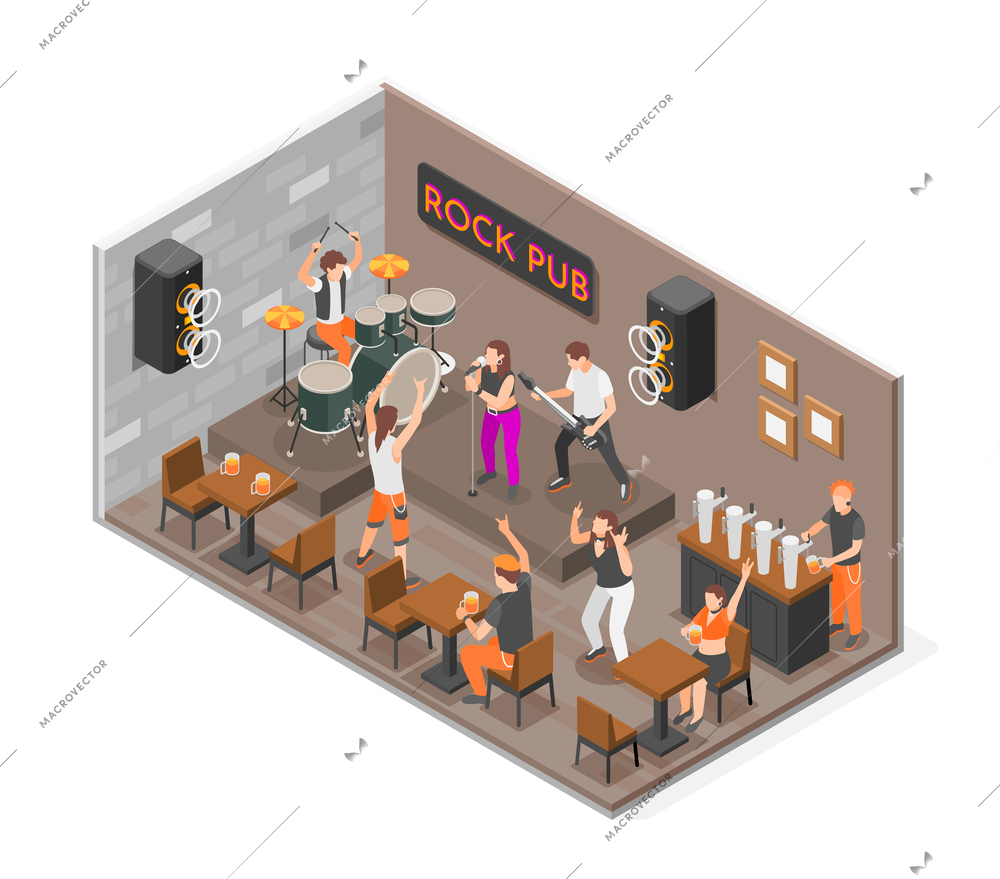 Rock music isometric concept with people listening to band in pub concept vector illustration