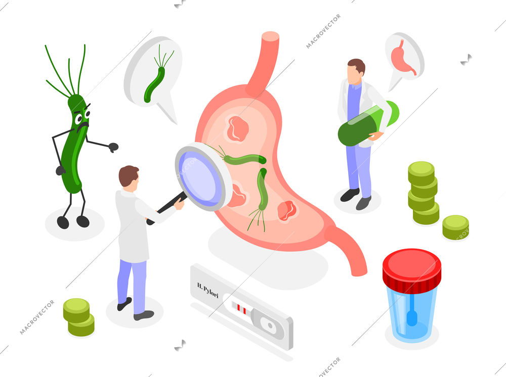 Helicobacter isometric abstract composition with little characters of medical staff examines big stomach with magnifying glass vector illustration