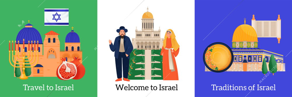 Welcome to israel set with sights cuisine people and symbols flat isolated vector illustration