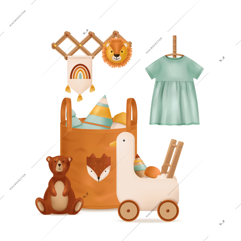 Boho baby realistic color composition consisting of dress toys and accessories in retro style vector illustration