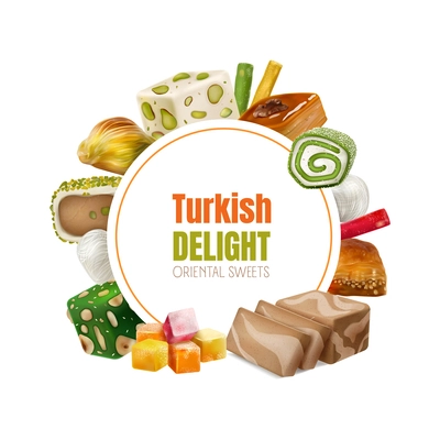 Turkish delight round frame fringed with realistic oriental sweets so as sherbet baklava halva vector illustration