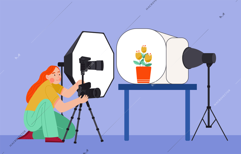 Photographer working in studio flat composition with young woman taking pictures of flower in pot cartoon vector illustration