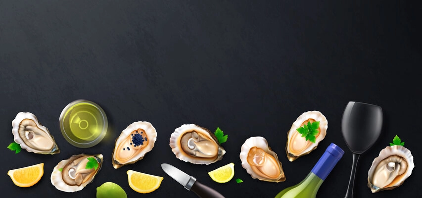 Oysters realistic composition on dark background with isolated images of seafood wine glasses lemon slices greens vector illustration