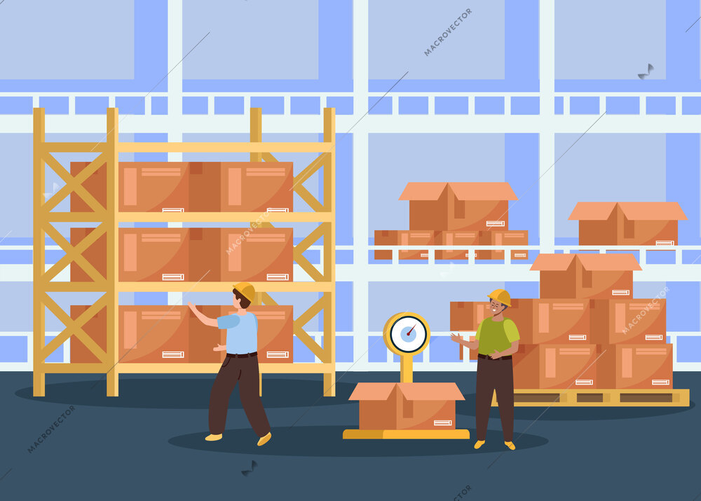 Warehouse logistic flat composition with cartoon boxes on storage shelves vector illustration