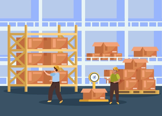 Warehouse logistic flat composition with cartoon boxes on storage shelves vector illustration