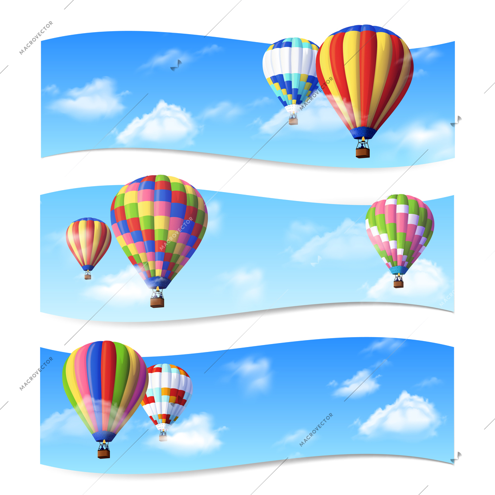 Realistic air balloons flying in sky horizontal banners set isolated vector illustration