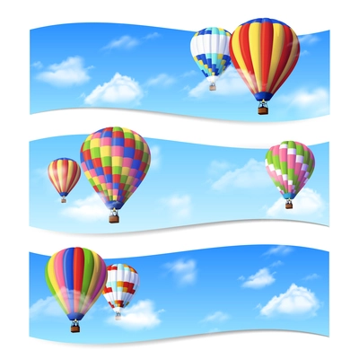 Realistic air balloons flying in sky horizontal banners set isolated vector illustration