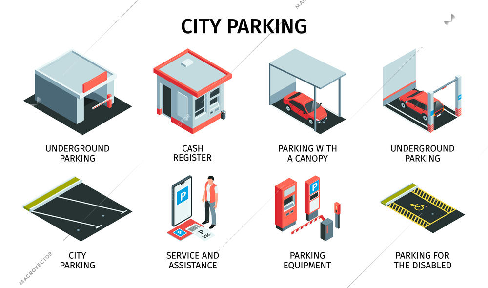 Isometric parking set of isolated icons with cash register booth asphalt laying and cars with text vector illustration
