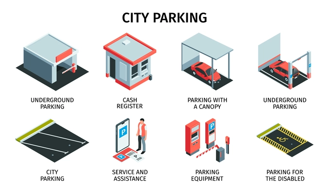 Isometric parking set of isolated icons with cash register booth asphalt laying and cars with text vector illustration