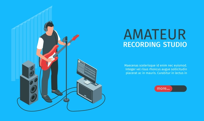 Isometric music studio horizontal banner with editable text slider more button and male guitarist recording himself vector illustration