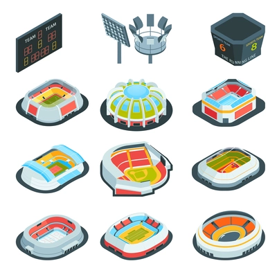 Isometric stadium set of isolated icons with sport arenas of different architectural design on blank background vector illustration