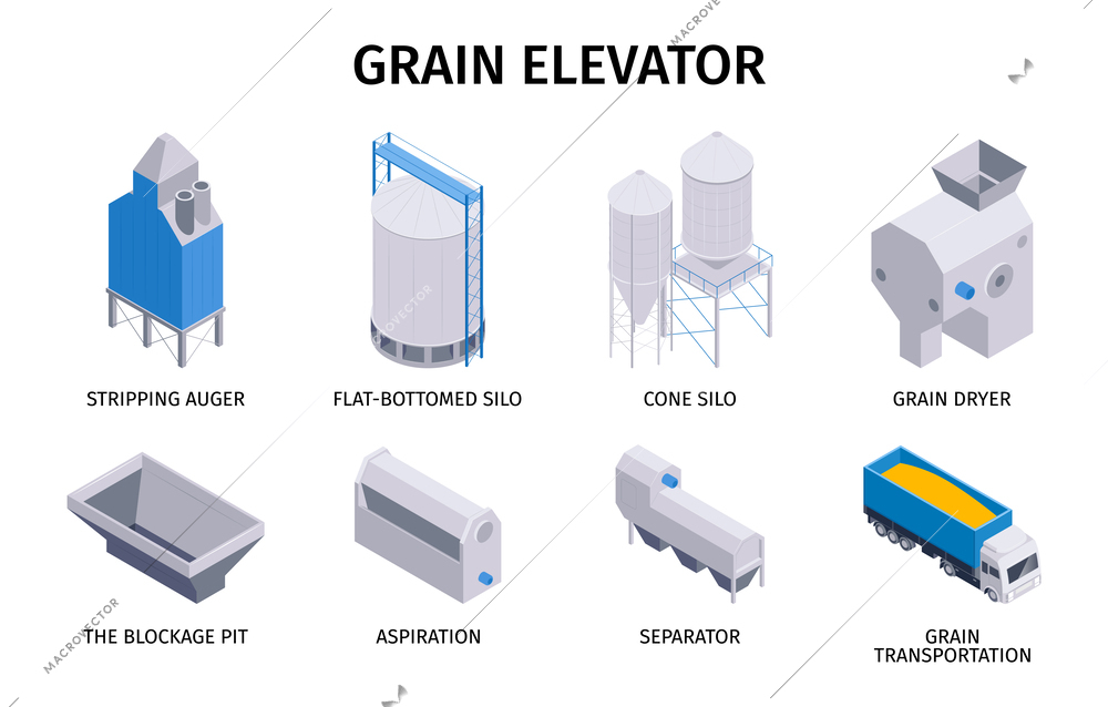 Isometric grain elevator set of isolated icons with silos pits separators factory units on blank background vector illustration