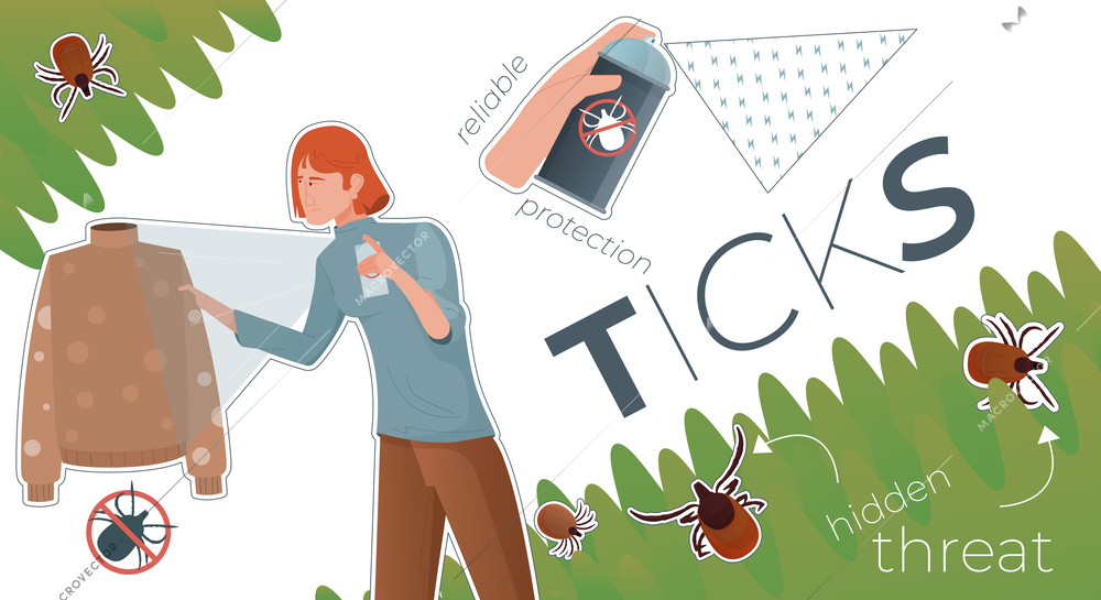 Ticks insect composition with collage of flat icons doodle woman jacket spray bottle and text captions vector illustration