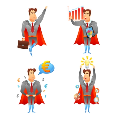 Superhero allegoric  strong energetic businessman cartoon character with red cape 4 icons set  abstract vector isolated illustration