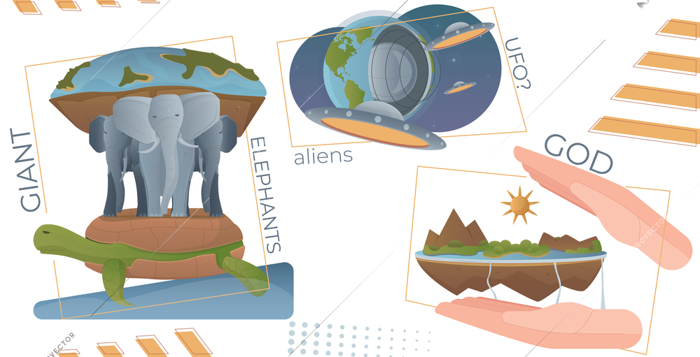 Earth theory composition with collage of flat icons with human hands elephants turtle ufo and text vector illustration