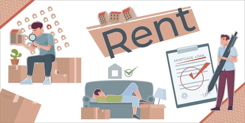 Rent apartment composition with collage of flat icons with paper agreement boxes furniture and human characters vector illustration