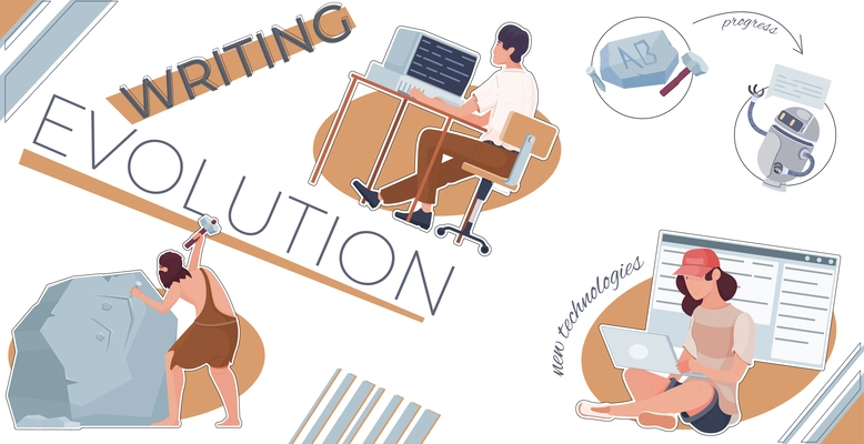 Evolution writing writer composition with collage of flat icons with ancient and modern people and text vector illustration