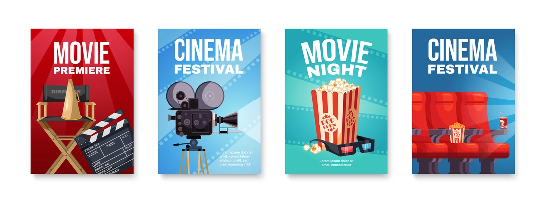 Vertical cinema movie premiere posters set in flat style with camera director chair popcorn isolated vector illustration