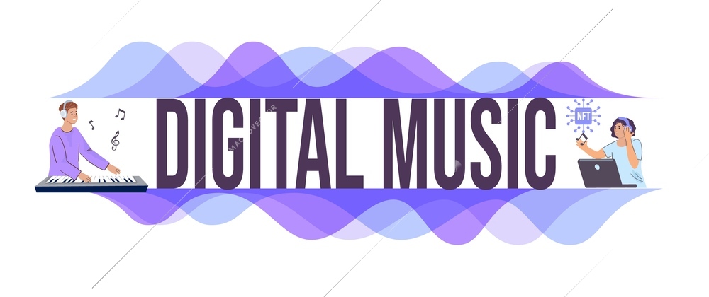 Digital music creation flat text banner with musicians making tunes on keyboard and computer vector illustration