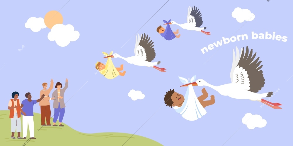 Children birth flat concept with parents meet storks delivering babies vector illustration