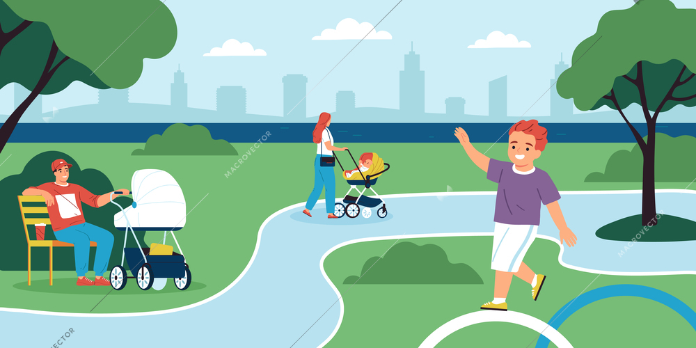 People walking with baby carriages in city park flat vector illustration