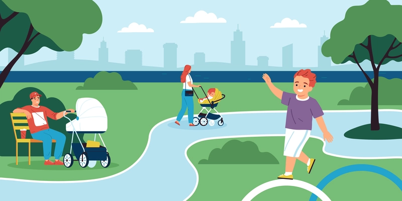People walking with baby carriages in city park flat vector illustration