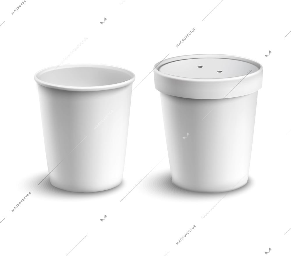 Blank white cardboard coffee drink cups set with lid isolated vector illustration