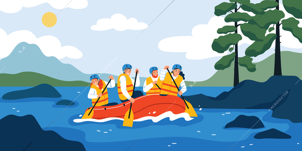 Water sport concept with group of happy people wearing helmets and life vests enjoying rafting flat vector illustration