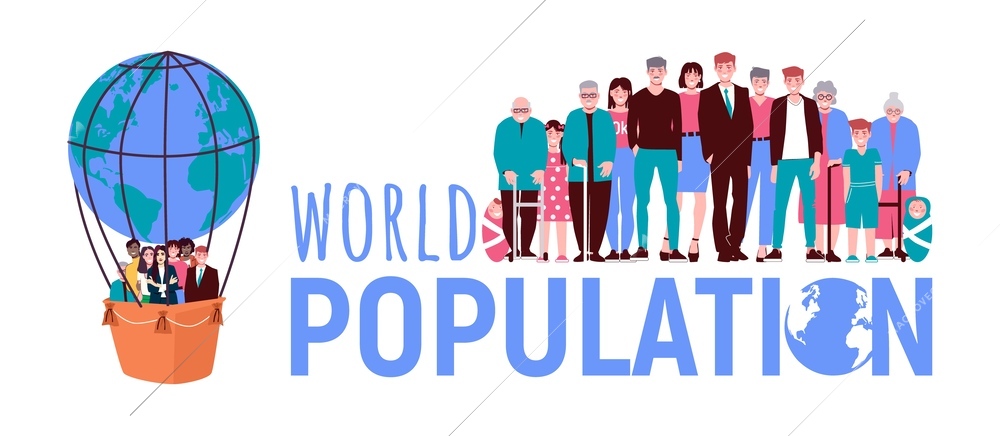 Population world demographics composition of flat text and doodle style human characters flying on air balloon vector illustration