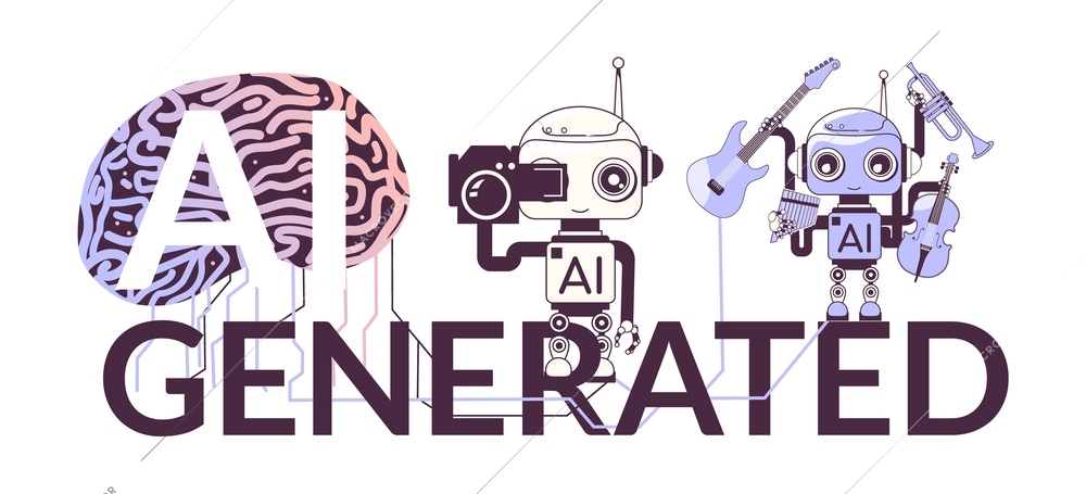 Ai generated composition with flat text and wires connected to brain with characters of creative robots vector illustration