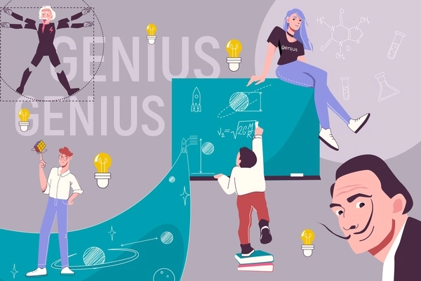 Genius prodigy composition with collage of flat icons lamp bulb and blackboard images doodle human characters vector illustration