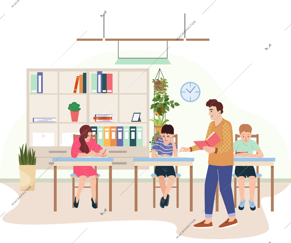 Tutor in classroom dictating text from textbook to pupils flat composition vector illustration