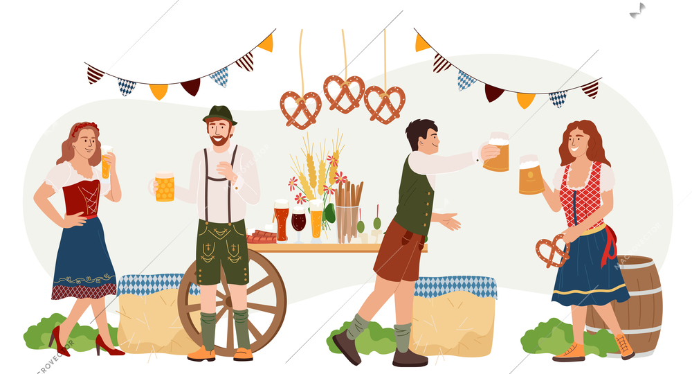 Oktoberfest party flat background with funny cartoon characters in bavarian folk costumes celebrating event vector illustration