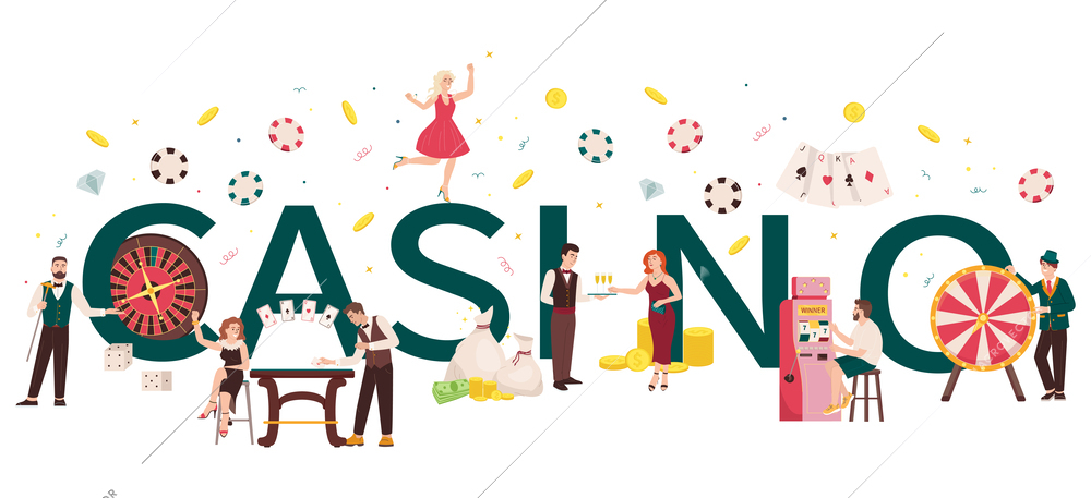 Casino flat text consisting of big letters at small gamers characters background vector illustration