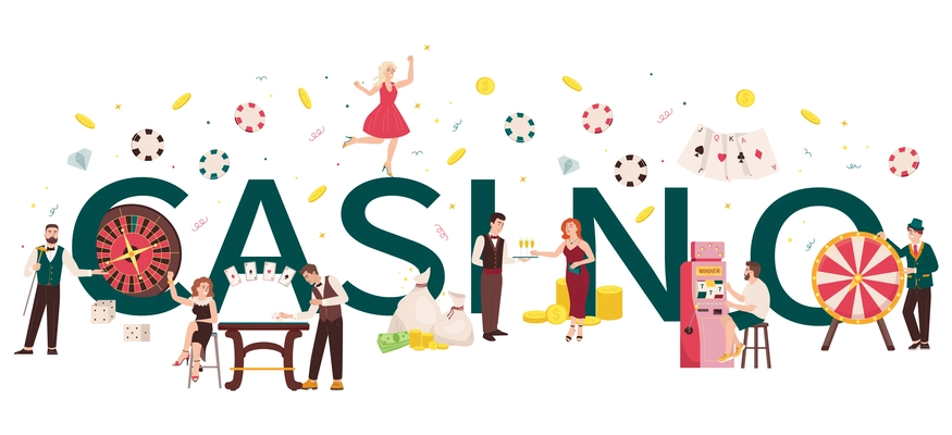 Casino flat text consisting of big letters at small gamers characters background vector illustration