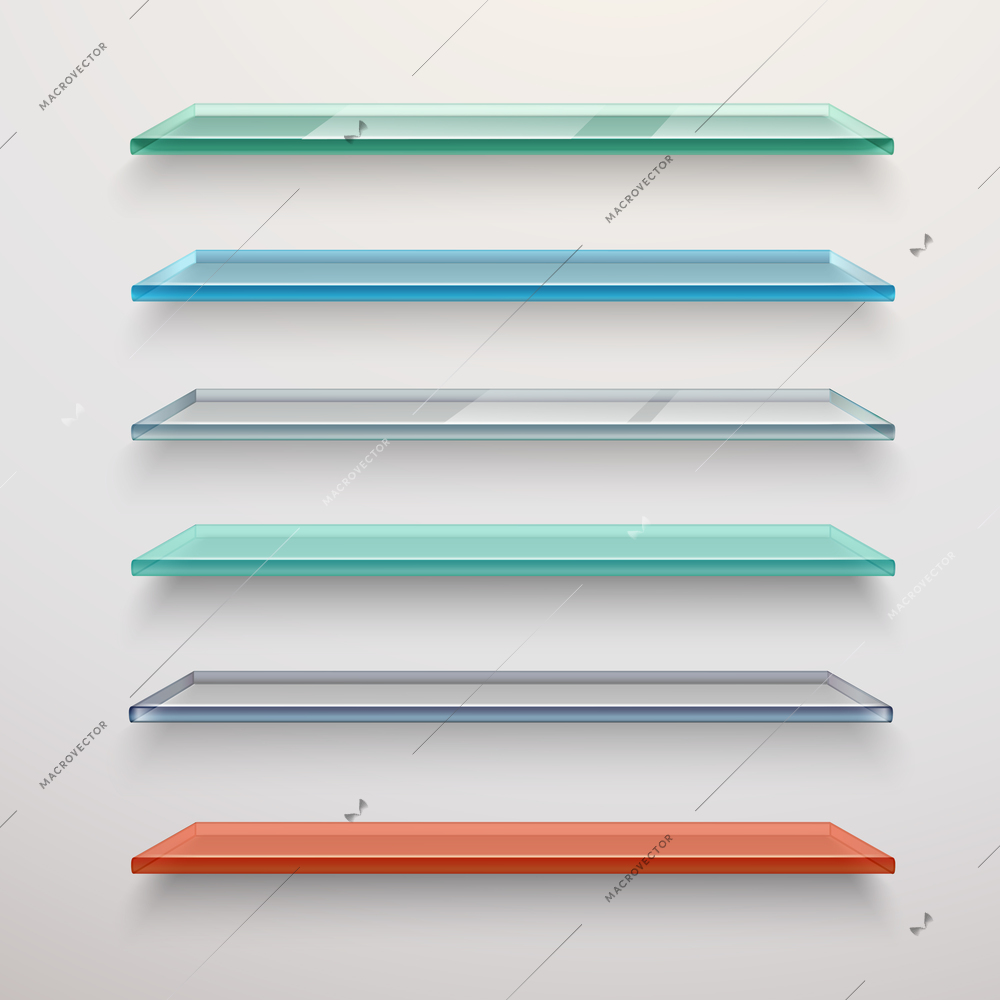 Realistic colored transparent glass wall shelves set isolated vector illustration