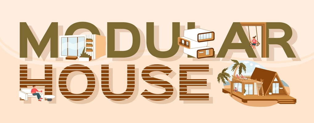 Modular house flat text concept with big letters and little houses swing and modules vector illustration