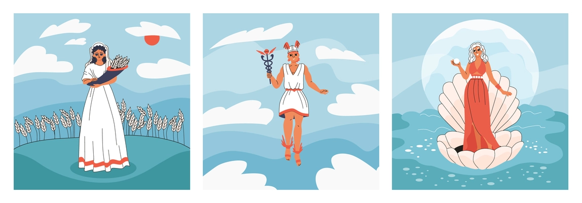 Set of three olympic gods square compositions with flat outdoor landscapes and human like goddess characters vector illustration