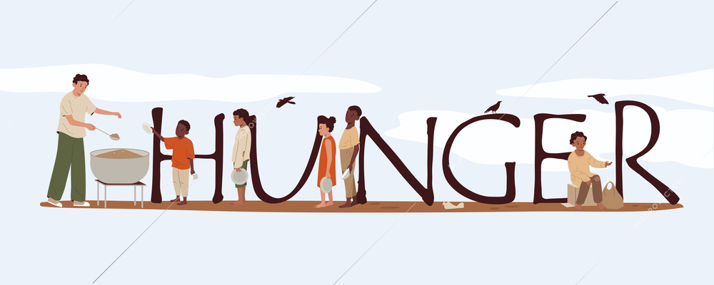 Hunger flat text banner with color background and characters of hungry children and man giving them food vector illustration