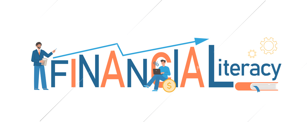 Financial literacy text concept with planning symbols flat vector illustration