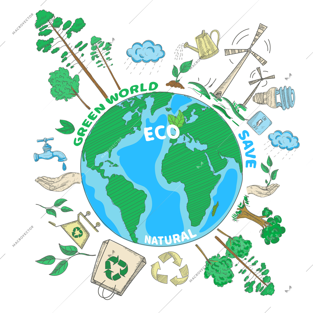 Doodle green world ecology colored concept with globe and eco decorative icons set vector illustration