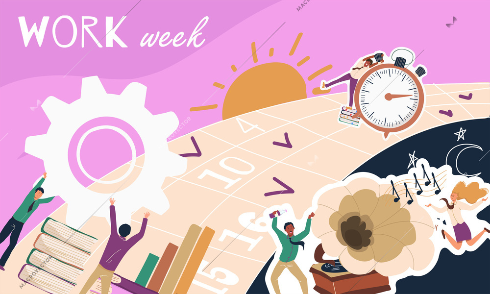 Collage in flat style with busy and happy people on different days of work week against background with marks on calendar vector illustration