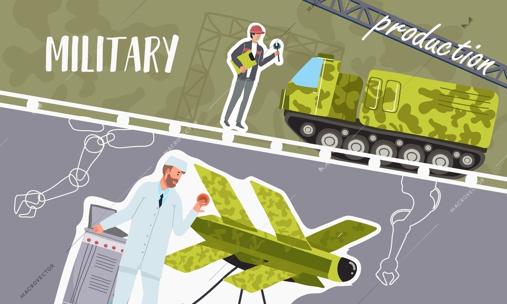 Flat collage with people during production of military transport and weapons vector illustration