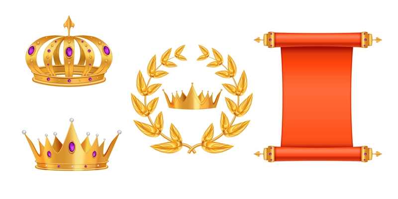 Golden royal crown set with nobility symbols realistic isolated vector illustration