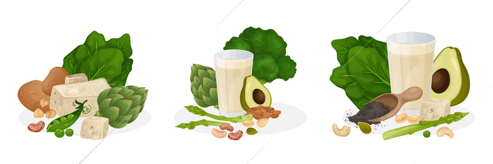 Vegan protein food set of three compositions with glasses of soy milk salad beans and avocado vector illustration