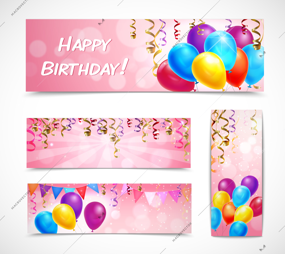 Happy birthday celebration banners set with bunch of balloons and ribbons isolated vector illustration