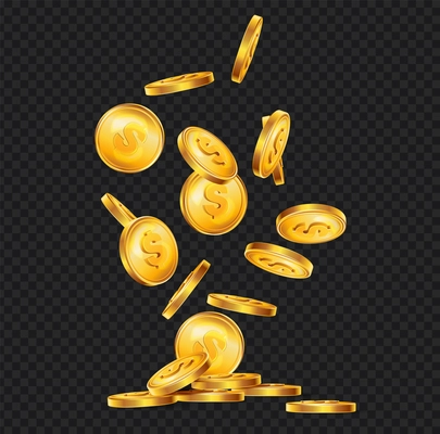 Realistic golden coins fall down composition with dark transparent background and view of shining money spatter vector illustration