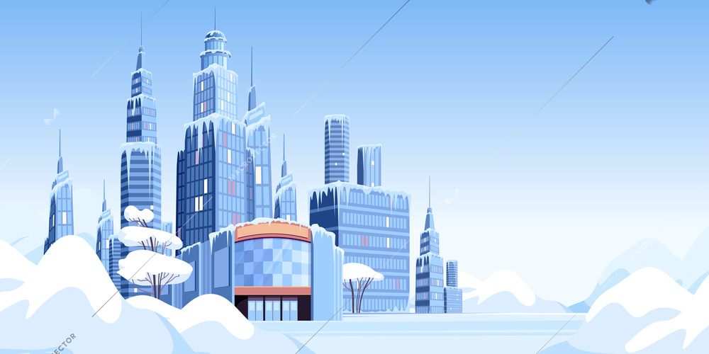 Ice snow modern city composition with cityscape view of skyscrapers with icicles and piles of snow vector illustration